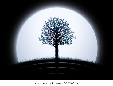 Moon tree silhouette against black background