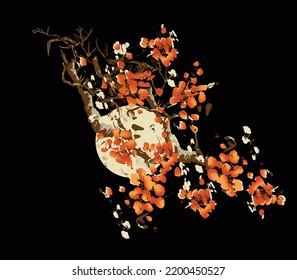 luna, árbol, diseño textil, cadenas, diseño de árbol lunar. representando En el bosque en medio de la noche, la luna llena brilla a través de los sakura rosados por la noche.