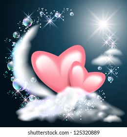 Moon and two hearts on the clouds in the night sky