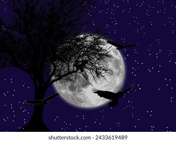Moon Under Tree Vector With Beautiful Background