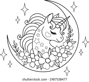 Moon with unicorn head and flowers. Isolated vector outline for coloring book 