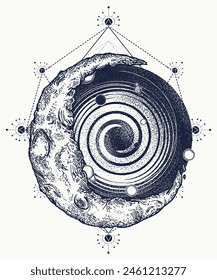 Moon and universe. Esoteric tattoo. Symbol of harmony, yoga, relaxation, soul and freedom. Sacred geometry art. T-shirt design 