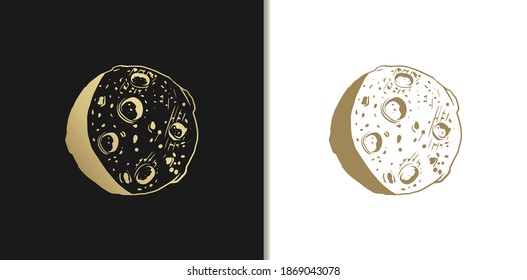 Moon vector engraved luxury style illustration in gold color. Hand drawn sketch of moon planet.