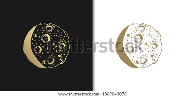 Moon vector engraved luxury style\
illustration in gold color. Hand drawn sketch of moon\
planet.