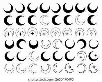 Ícones de vetor da Lua. Conjunto de ícones da Lua. Coleção lunar vetorial. Lua fora linha com estrelas. lua preto e branco e ícones de estrela. conjunto de ícones de estrela preto e branco em várias fases e combinações.