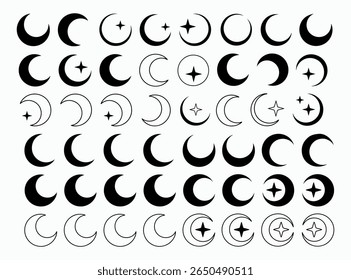 Moon vector icons. Moon icon set. Vector lunar collection. Moon out line with stars. black and white moon and star icons. set of black and white star icons in various phases and combinations.