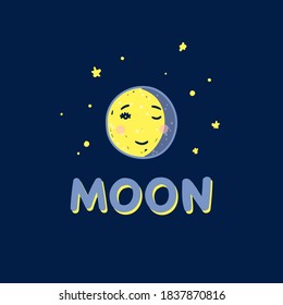 Moon vector illustration for children. Cute moon and stars hand drawn clipart for kids
