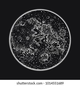 Moon. Vector illustration, full moon, moonlight. The image of the planet for the background of the poster. Space theme. earth satellite. Drawing isolated.  Black, dark.