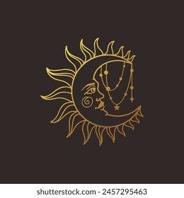 Moon vector illustration, hand drawn celestial boho line art logo, icons and symbol mystic moon tattoo elements for decoration