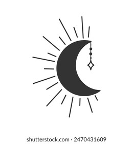 Moon vector illustration, hand drawn celestial boho line art logo, icons and symbol mystic moon tattoo elements for decoration