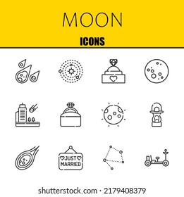 moon vector line icons set. meteorite, solar system and engagement ring Icons. Thin line design. Modern outline graphic elements, simple stroke symbols stock illustration