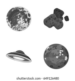 Moon, Venus planet of the solar system.UFO and a meteorite. Planets set collection icons in monochrome style vector symbol stock illustration web.