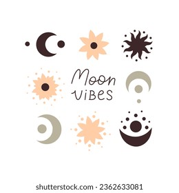 Moon vibes. hand drawing lettering, décor elements. colorful vector illustration, retro style. design for cards, print, posters, logo, cover
