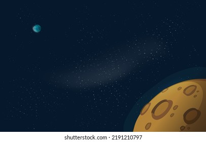 Moon view to earth planet in space galaxy vector or flat universe cosmos astronomy horizontal banner cartoon illustration image with empty blank space for text