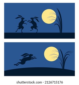 Moon Viewing illustration. Full moon and rabbits silhouette