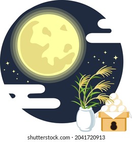 Moon viewing set.Miscanthus and
Tsukimi dumpling , Japanese autumn traditional icon illustration ,vector image