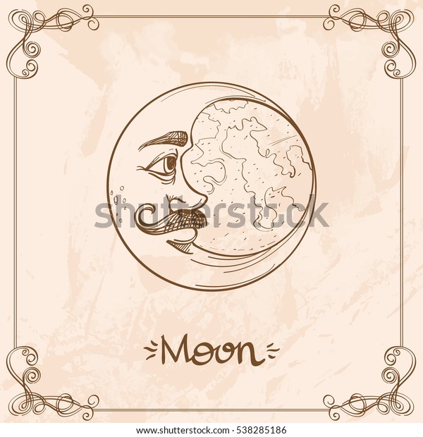Moon. Vintage stylized outline\
drawing of the Moon. The symbols of astrology and\
astronomy.