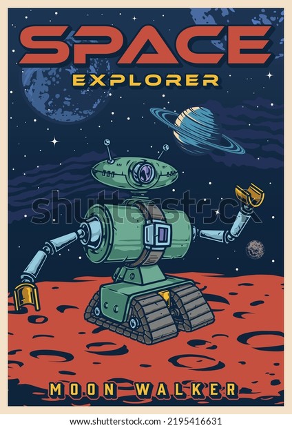 Moon walker flyer vintage colorful\
futuristic robot moves on red surface of planet for research\
mission in space vector\
illustration