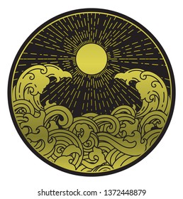 Moon with the water waves. Oriental decorative design element. - Vector.