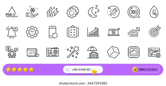 Moon, Waterproof and Accounting line icons for web app. Pack of Magic wand, Dice, Motherboard pictogram icons. Cloud computing, Demand curve, Reminder signs. Time management, No alcohol. Vector