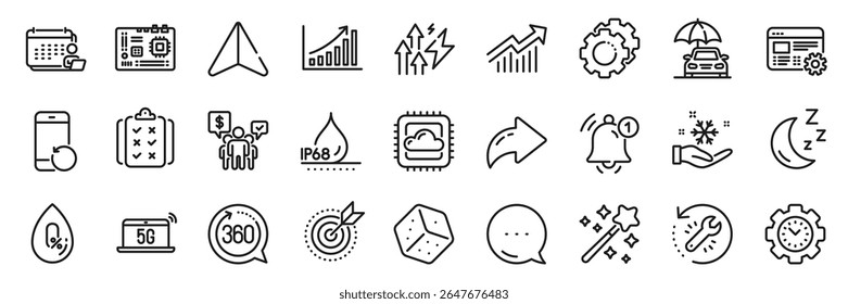 Moon, Waterproof and Accounting line icons pack. Share, Message, Paper plane icons. Magic wand, Dice, Motherboard web icon. Cloud computing, Demand curve, Reminder pictogram. Vector
