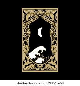 Moon and wave with engraving style  for spiritual guidance tarot reader Colorful design. illustration.