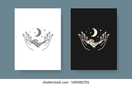 Moon, wave and hand gold logo, spiritual guidance tarot reader Colorful gradient design. illustration.