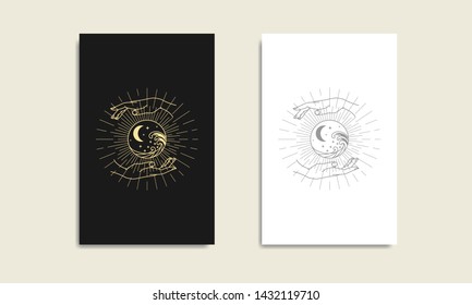 Moon, Wave And Hand Gold Logo, Spiritual Guidance Tarot Reader Colorful Design. Illustration.