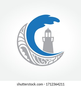 moon, wave and lighthouse, vector illustration