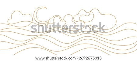 Moon, wave of sea, cloudy weather, wind. Continuous art one line vector. Graphic minimal symbol. Simple graphic illustration. Editable stroke
