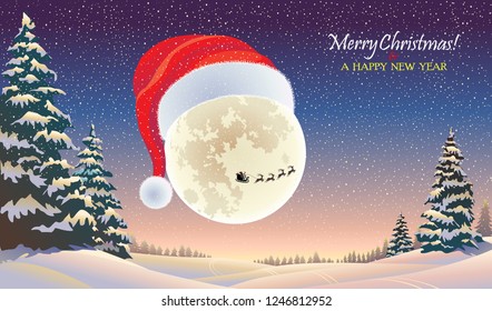 The moon wearing the Christmas cap overlooking a beautiful winter landscape
