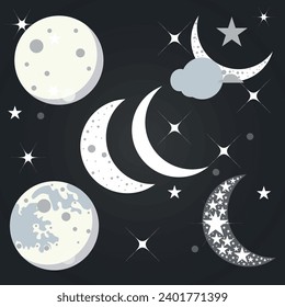 moon, white, background, icon, abstract, isolated, light, concept, cartoon, template, stars, black, creative, blue, color, graphic, science, colorful, night sky, universe, astronomy, cosmos, planet