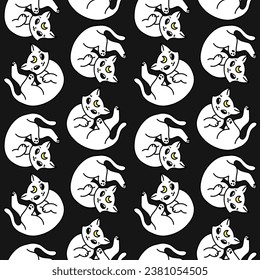 Moon white cat seamless pattern background for Halloween. Cute cartoon kitten character. Vector background texture for printing on fabric and paper. Scary event decoration