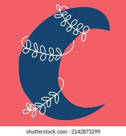  moon and white flowers. Moon phase, isolated on red background