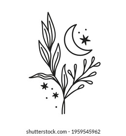 Moon and wildflowers hand drawn vector isolated on white background. Boho clipart with floral, celestial. Moon phase illustration. Magic herbs doodle. Moon child print with leafs, stars, crescent moon