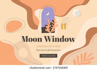 Moon Window banner template with window, crescent moon, staircase and abstract shapes. Modern design in terracotta shades for art classes, blogs, invitations, web design. Vector art.