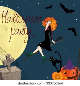 Moon, witch, black cat and pumpkin. Symbols of Halloween. The poster for the party.