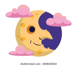 Moon Witch in Clouds for Halloween. Cartoon vector illustration
