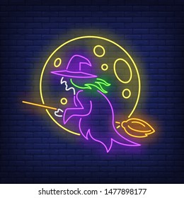 Moon and witch flying on broom neon sign. Halloween, advertisement design. Night bright neon sign, colorful billboard, light banner. Vector illustration in neon style.