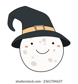 Moon with in witch hat cute Halloween cartoon character illustration. Hand drawn style line art design, isolated vector. Kids print element, astronomy, astrology, celestial body, space