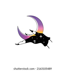 Moon in the witch's hand. Vector illustration . Concept of the power, universe, believers, dreams for prints, tattoo design, stickers etc