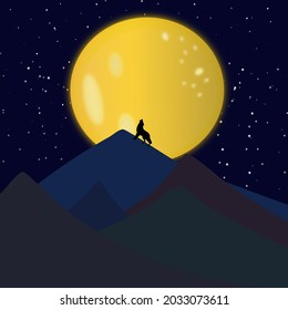 The moon and the wolf on the mountains