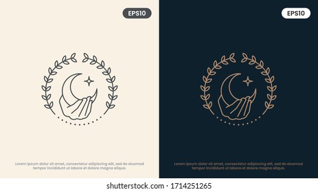 moon and woman hands in various gestures. Modern minimal linear template logos or emblems. Abstract symbol for massage, cosmetics and packaging or beauty products. Vector Illustration.