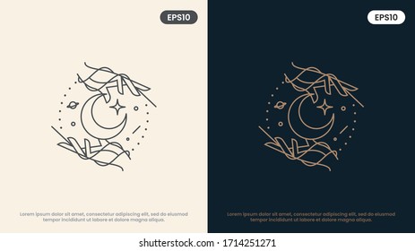 moon and woman hands in various gestures. Modern minimal linear template logos or emblems. Abstract symbol for massage, cosmetics and packaging or beauty products. Vector Illustration.