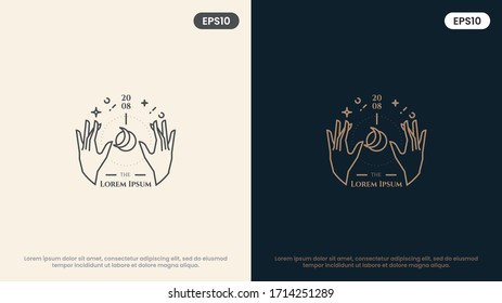 moon and woman hands in various gestures. Modern minimal linear template logos or emblems. Abstract symbol for massage, cosmetics and packaging or beauty products. Vector Illustration.