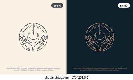 moon and woman hands in various gestures. Modern minimal linear template logos or emblems. Abstract symbol for massage, cosmetics and packaging or beauty products. Vector Illustration.