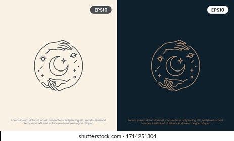 moon and woman hands in various gestures. Modern minimal linear template logos or emblems. Abstract symbol for massage, cosmetics and packaging or beauty products. Vector Illustration.