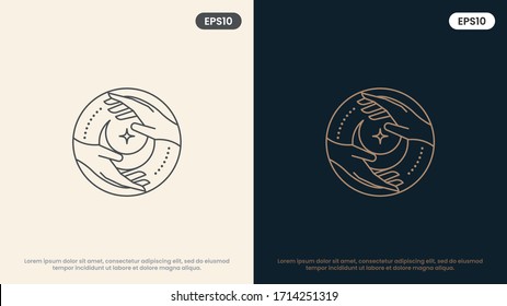 moon and woman hands in various gestures. Modern minimal linear template logos or emblems. Abstract symbol for massage, cosmetics and packaging or beauty products. Vector Illustration.