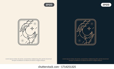 moon and woman hands in various gestures. Modern minimal linear template logos or emblems. Abstract symbol for massage, cosmetics and packaging or beauty products. Vector Illustration.