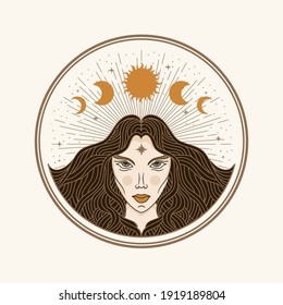 Moon woman, illustration with esoteric, boho, spiritual, geometric, astrology, magic themes, for tarot reader card or posters